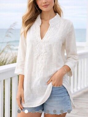 Lilly Pulitzer Sarasota Embroided Beaded White V-Neck Tunic. Size Large